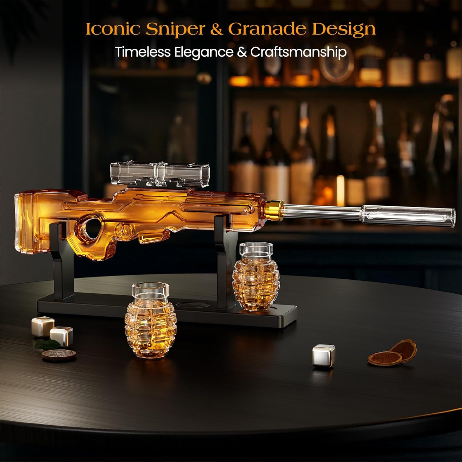 Kollea Sniper Whiskey Decanter Set with 2 Granade Glasses